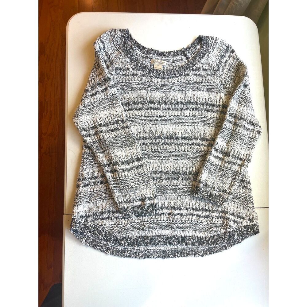 Lucky Brand Women's Loose Knit Sweater Sz XL Crew Neck Black White Striped EUC